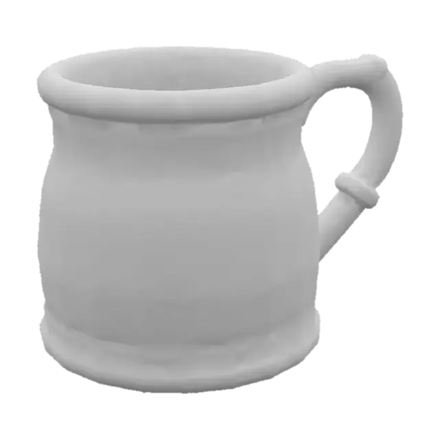 3D model for A simple medieval clay mug for a poor, rural tavern, hand-crafted, purely functional, no decoration. Uneven, slightly cracked surface, muted earthy colors (brown, grey), rough texture. Game-ready, centered on the origin, optimized geometry, no modern elements.