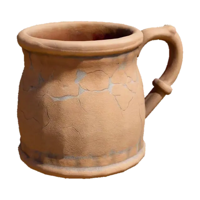 3D model for A simple medieval clay mug for a poor, rural tavern, hand-crafted, purely functional, no decoration. Uneven, slightly cracked surface, muted earthy colors (brown, grey), rough texture. Game-ready, centered on the origin, optimized geometry, no modern elements.