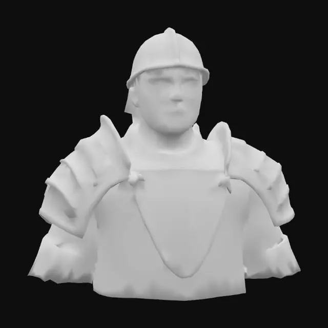 3D model for Create a game-ready 3D model of a medieval knight avatar from the European Middle Ages (12th–15th century), optimized for GameGuru to be exported as a standalone game. The knight is a male in his mid-30s with a weathered face, short beard, and short cropped hair under a closed helmet with visor. He wears chainmail with partial plate armor including chestplate, pauldrons, and greaves, paired with a tabard featuring a cross emblem. Textures are PBR with 2K resolution, including diffuse, normal, metallic, and roughness maps, showing realistic wear like scratches and rust on metal and fabric. The model is posed in a neutral T-pose for rigging compatibility in GameGuru, with a semi-realistic style balanced for detail and performance.