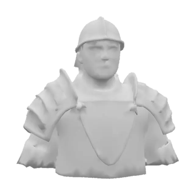 3D model for Create a game-ready 3D model of a medieval knight avatar from the European Middle Ages (12th–15th century), optimized for GameGuru to be exported as a standalone game. The knight is a male in his mid-30s with a weathered face, short beard, and short cropped hair under a closed helmet with visor. He wears chainmail with partial plate armor including chestplate, pauldrons, and greaves, paired with a tabard featuring a cross emblem. Textures are PBR with 2K resolution, including diffuse, normal, metallic, and roughness maps, showing realistic wear like scratches and rust on metal and fabric. The model is posed in a neutral T-pose for rigging compatibility in GameGuru, with a semi-realistic style balanced for detail and performance.