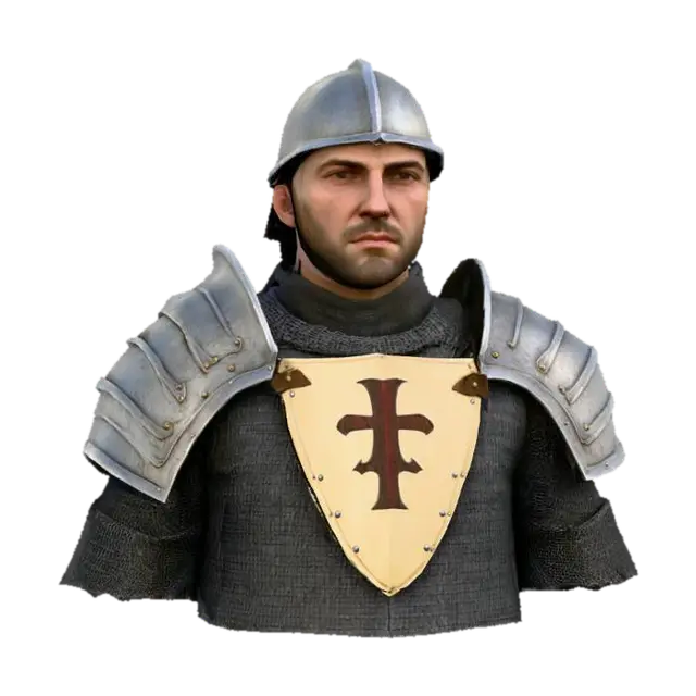 3D model for Create a game-ready 3D model of a medieval knight avatar from the European Middle Ages (12th–15th century), optimized for GameGuru to be exported as a standalone game. The knight is a male in his mid-30s with a weathered face, short beard, and short cropped hair under a closed helmet with visor. He wears chainmail with partial plate armor including chestplate, pauldrons, and greaves, paired with a tabard featuring a cross emblem. Textures are PBR with 2K resolution, including diffuse, normal, metallic, and roughness maps, showing realistic wear like scratches and rust on metal and fabric. The model is posed in a neutral T-pose for rigging compatibility in GameGuru, with a semi-realistic style balanced for detail and performance.