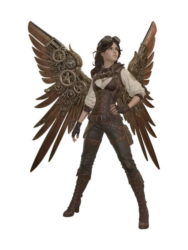 A stylized steampunk aviator girl stands in a confident, dynamic pose with a… 3D model, vytvořený pomocí AI