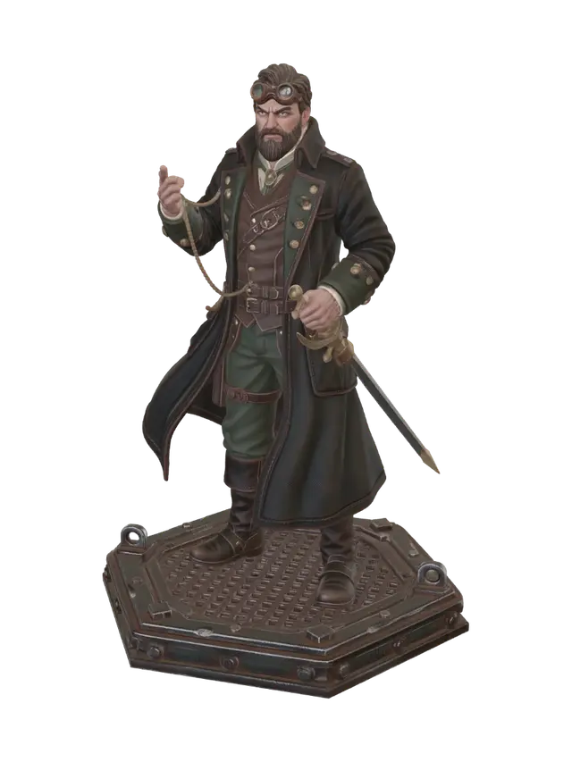 3D model for A daring airship captain standing in a resolute pose on an iron deck base, wearing a brass-buttoned coat, leather waistcoat, and copper goggles resting on his forehead. One hand grips an ornate pocket watch connected to a chain. Requirement: Steampunk character mini, crisp cloth folds, sturdy base anchor points, resin print ready.