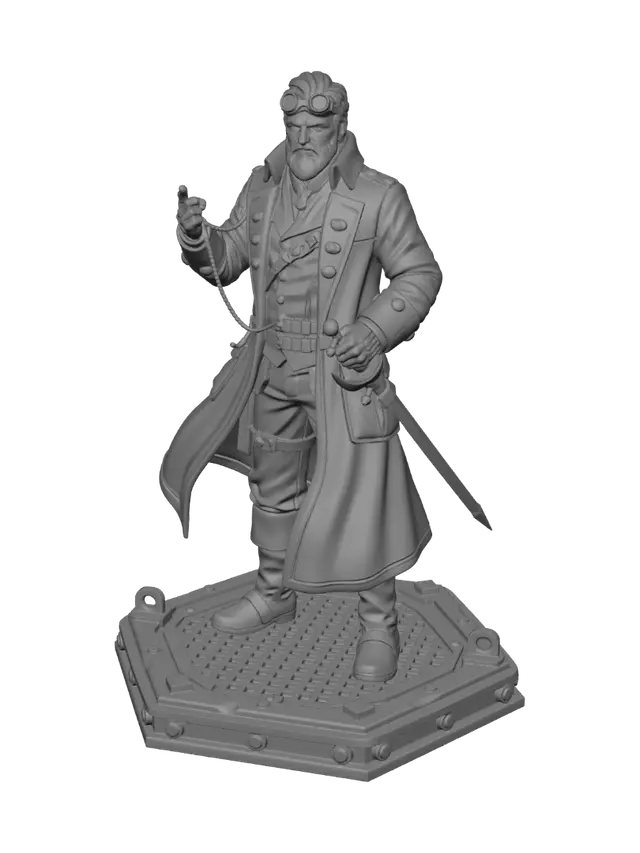 3D model for A daring airship captain standing in a resolute pose on an iron deck base, wearing a brass-buttoned coat, leather waistcoat, and copper goggles resting on his forehead. One hand grips an ornate pocket watch connected to a chain. Requirement: Steampunk character mini, crisp cloth folds, sturdy base anchor points, resin print ready.