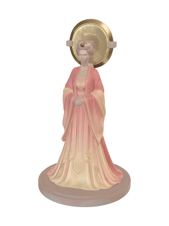 3D model for A sun priestess standing tall in a proud posture, wearing a layered silk gown shifting from coral pink to warm pastel yellow, holding a golden sun halo disk behind her head. Requirement: Divine hero figurine, rigid halo connection.