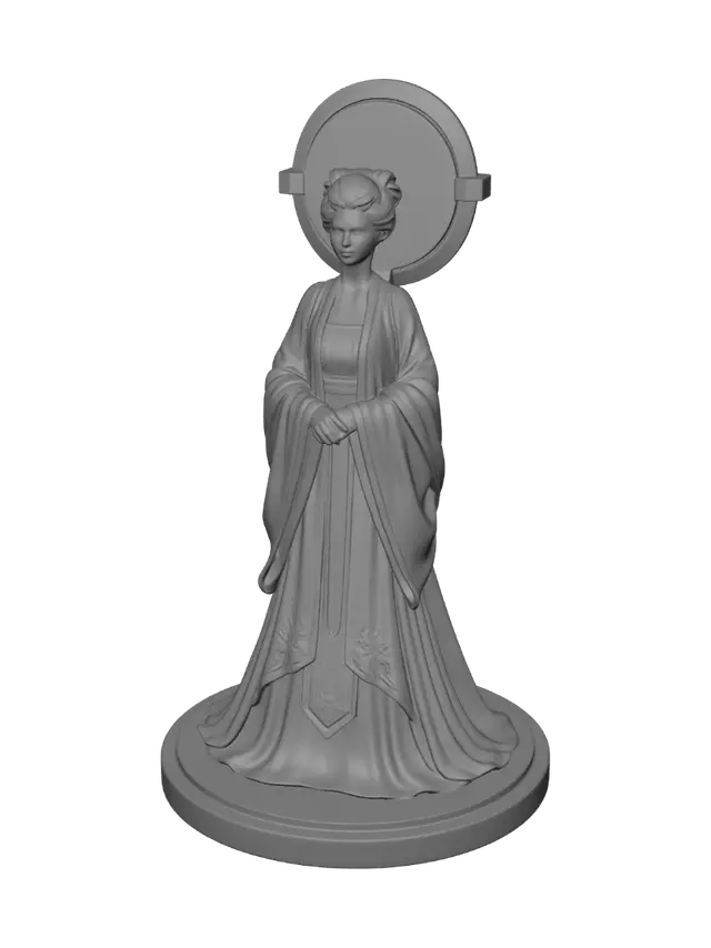 3D model for A sun priestess standing tall in a proud posture, wearing a layered silk gown shifting from coral pink to warm pastel yellow, holding a golden sun halo disk behind her head. Requirement: Divine hero figurine, rigid halo connection.