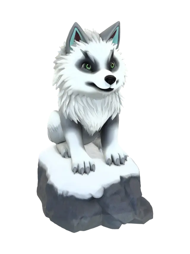 3D model for A chubby mythical wolf pup with small icy horns, sitting in a howling pose on a snow-covered rock base. Requirement: Mythological creature mini, thick legs and tail anchor.