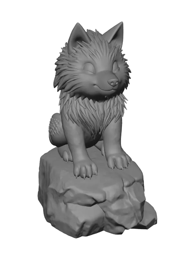 3D model for A chubby mythical wolf pup with small icy horns, sitting in a howling pose on a snow-covered rock base. Requirement: Mythological creature mini, thick legs and tail anchor.