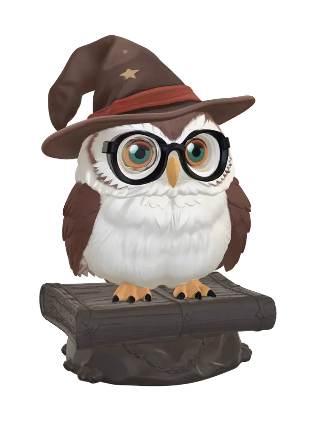 3D model for A round, chubby owl wearing small spectacles and an oversized wizard hat, resting its claws on a thick spellbook. Requirement: Cute creature mini, solid base integration, smooth feathers.