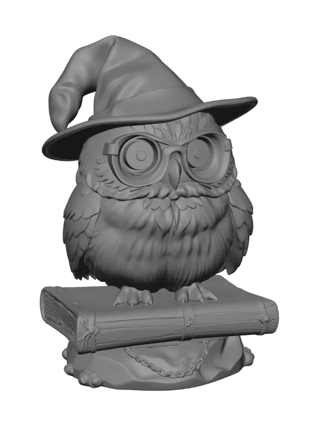 3D model for A round, chubby owl wearing small spectacles and an oversized wizard hat, resting its claws on a thick spellbook. Requirement: Cute creature mini, solid base integration, smooth feathers.