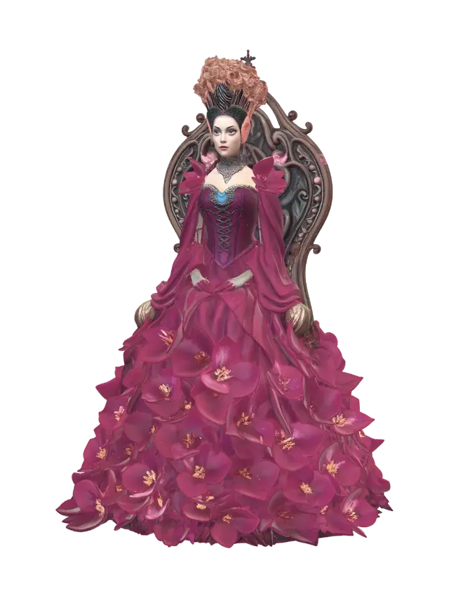 3D model for A majestic queen wearing a gown constructed from thick, velvety orchid petals in deep plum hues, resting on an organic floral throne. Requirement: Botanical fantasy miniature, rich texture contrast, stable throne construction.