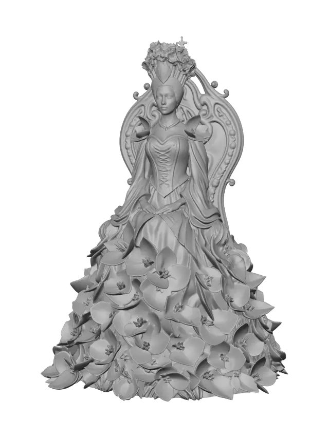 3D model for A majestic queen wearing a gown constructed from thick, velvety orchid petals in deep plum hues, resting on an organic floral throne. Requirement: Botanical fantasy miniature, rich texture contrast, stable throne construction.