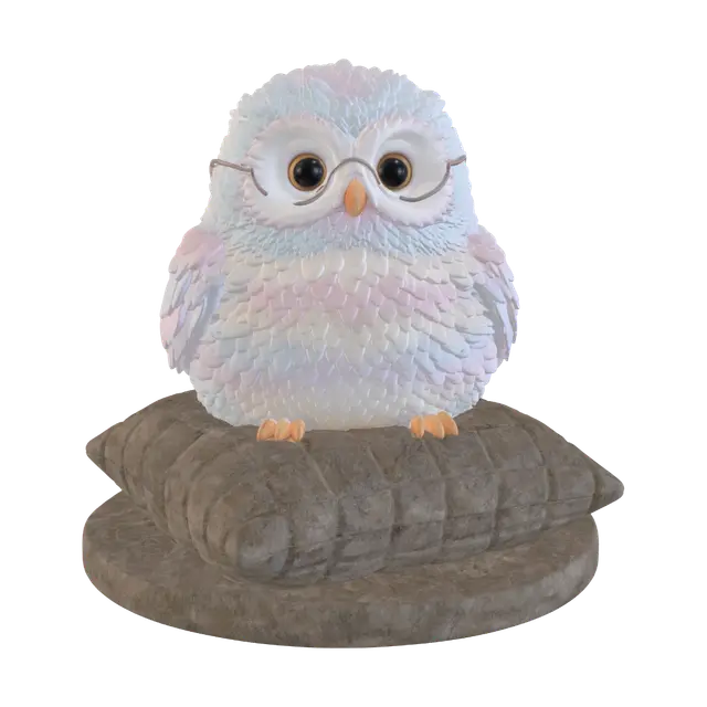 3D model for A round, chubby owl wearing small spectacles, resting its claws on a thick Pillow  Cute creature mini, solid base integration, smooth feathers.