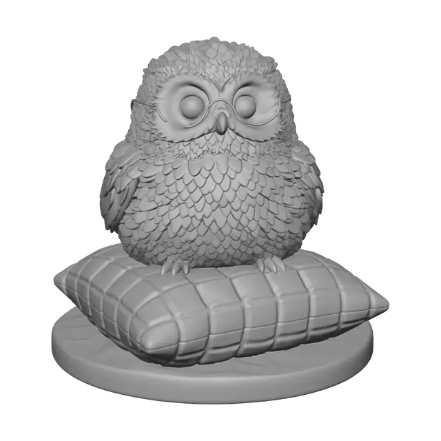 3D model for A round, chubby owl wearing small spectacles, resting its claws on a thick Pillow  Cute creature mini, solid base integration, smooth feathers.