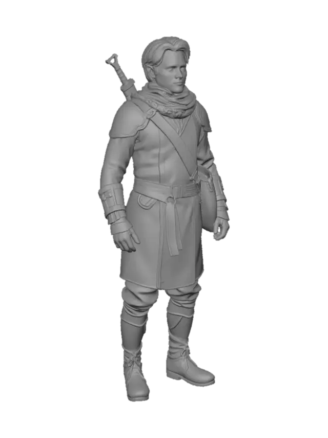 3D model for Create a stylized low-poly human adventurer for a 3D indie RPG. Young adult, realistic proportions, expressive face, clean silhouette, simple geometric shapes, medieval-fantasy outfit with tunic, belt, boots, light shoulder armor, and gloves. Use a limited earth-tone color palette and avoid small details or complex accessories. Game-ready low-poly mesh (2,000–5,000 triangles), clean topology, clean UVs, single 1024x1024 texture atlas, PBR textures, animation-ready, suitable for rigging, mostly symmetrical topology, full-body T-pose. No weapons, no background. Optimized for Unity and Unreal Engine. High readability, stylized realism, modern low-poly indie game art style. In T Pose