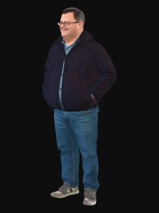 3D model for Русский мужчина с большим животом. Мужчине 45 лет. Одет в синии джинсы и тёмную ветровку.