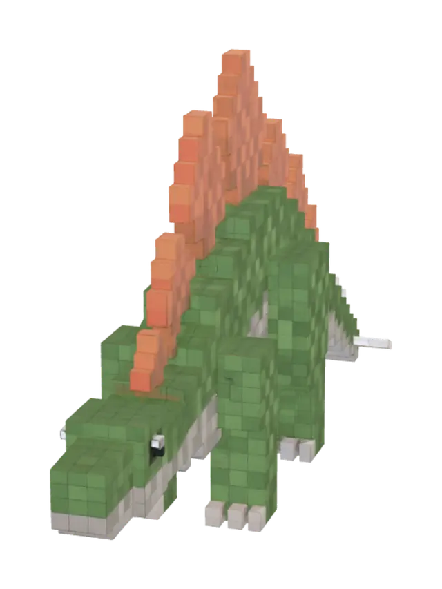 3D model for A Stegosaurus dinosaur in Minecraft blocky pixel art style, low-poly cubic voxel design, green and gray body with orange diamond-shaped back plates, white background, product render, studio lighting, isometric view, clean edges