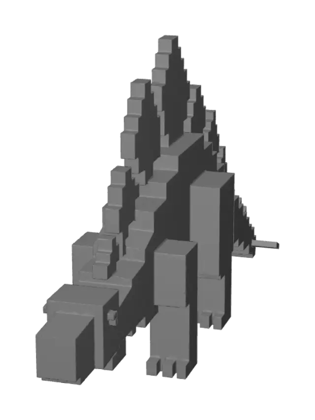 3D model for A Stegosaurus dinosaur in Minecraft blocky pixel art style, low-poly cubic voxel design, green and gray body with orange diamond-shaped back plates, white background, product render, studio lighting, isometric view, clean edges