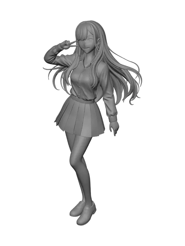 3D model for Change Skirt to a light blue plaid, change top to a Long sleeve white dress shirt, keep all original facial features and original pose