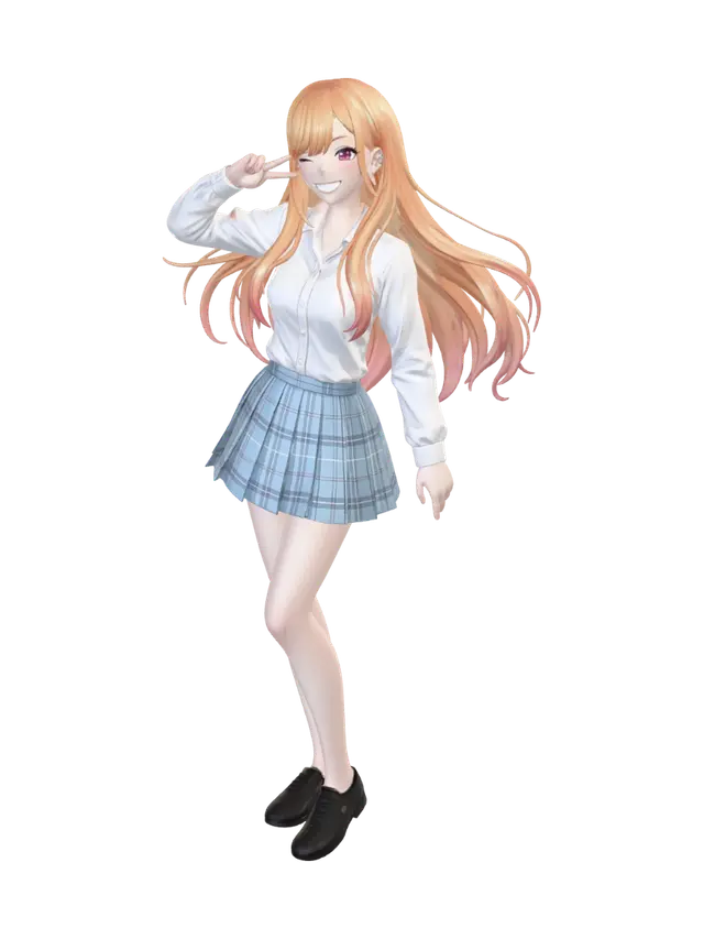 3D model for Change Skirt to a light blue plaid, change top to a Long sleeve white dress shirt, keep all original facial features and original pose