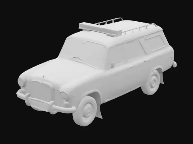 3D model for "Post-apocalyptic European-style police car, heavily weathered and damaged, realistic design, broken windows, shattered headlights, faded and peeling paint with police markings barely visible, rusty panels and exposed metal, flat or missing tires, mounted with a damaged roof-mounted police light bar, dirt and grime covering the exterior, urban decay setting, photorealistic quality, detailed textures of scratches, bullet holes, and environmental wear."
