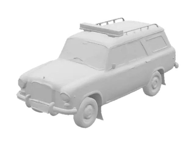 3D model for "Post-apocalyptic European-style police car, heavily weathered and damaged, realistic design, broken windows, shattered headlights, faded and peeling paint with police markings barely visible, rusty panels and exposed metal, flat or missing tires, mounted with a damaged roof-mounted police light bar, dirt and grime covering the exterior, urban decay setting, photorealistic quality, detailed textures of scratches, bullet holes, and environmental wear."
