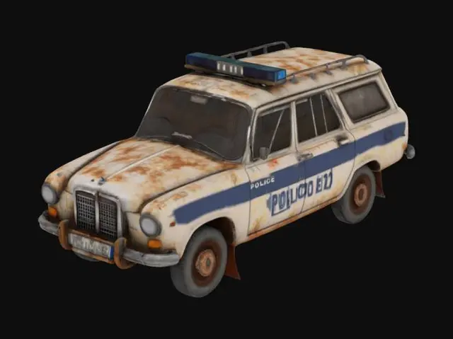 3D model for "Post-apocalyptic European-style police car, heavily weathered and damaged, realistic design, broken windows, shattered headlights, faded and peeling paint with police markings barely visible, rusty panels and exposed metal, flat or missing tires, mounted with a damaged roof-mounted police light bar, dirt and grime covering the exterior, urban decay setting, photorealistic quality, detailed textures of scratches, bullet holes, and environmental wear."