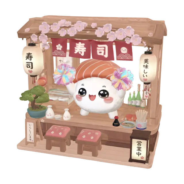 Kawaii Sushi Restaurant Mascot 3D - Pompons 3D-model, gegenereerd door AI
