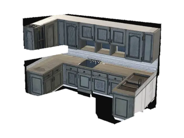 Generate a mid-poly old, worn modular kitchen with a haunted, paranormal… 3D model, vytvořený pomocí AI