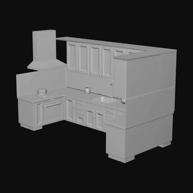 3D model for Generate a mid-poly old modular kitchen in a neutral style. Include separate base cabinets, wall cabinets, and a countertop. Each cabinet should be a separate object with clearly defined parts: cabinet body, left door, right door, and handle. Make sure all parts have clean pivot points (origin at bottom-left corner of each part) and consistent dimensions. The layout should be L-shaped, with adjustable spacing between modules. Use a realistic proportion for height (e.g., 720mm base cabinet height). Export as GLB with separate named meshes for each part.