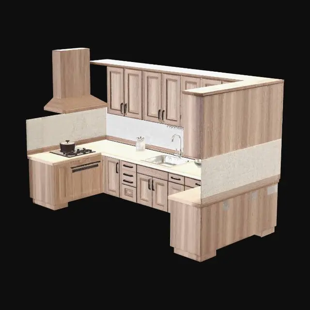 3D model for Generate a mid-poly old modular kitchen in a neutral style. Include separate base cabinets, wall cabinets, and a countertop. Each cabinet should be a separate object with clearly defined parts: cabinet body, left door, right door, and handle. Make sure all parts have clean pivot points (origin at bottom-left corner of each part) and consistent dimensions. The layout should be L-shaped, with adjustable spacing between modules. Use a realistic proportion for height (e.g., 720mm base cabinet height). Export as GLB with separate named meshes for each part.
