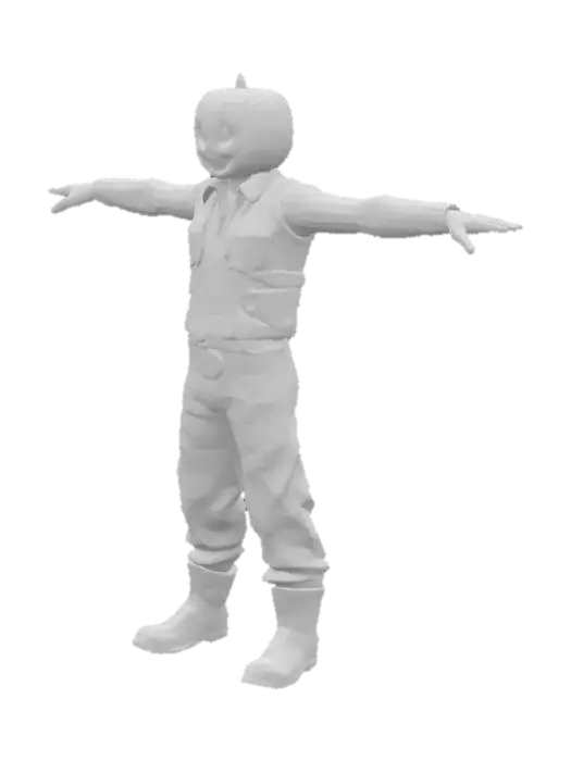 3D model for very high details, symmetrical T-pose cowboy with a jack'o lantern head wearing old jean, shirt, vest, steel cap boots and glove, perfectly formed open hands, perfectly formed facial features with a realistic profile, high detailed realism, arcane style, symmetry, game ready T-pose optimised for rigging and animation