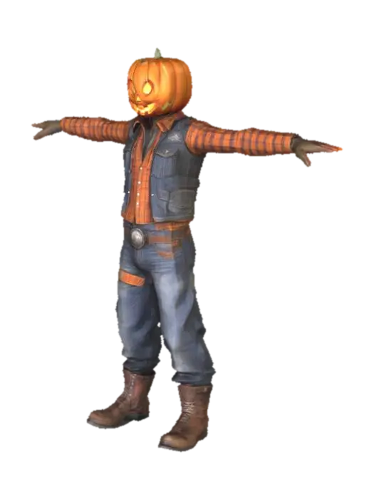 3D model for very high details, symmetrical T-pose cowboy with a jack'o lantern head wearing old jean, shirt, vest, steel cap boots and glove, perfectly formed open hands, perfectly formed facial features with a realistic profile, high detailed realism, arcane style, symmetry, game ready T-pose optimised for rigging and animation