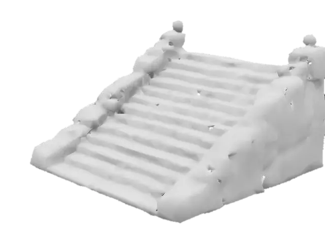 3D model for lowpoly, stone staircase, the steps are wide and slightly worn, carved directly into the mountainside, geometrical shapes, game style, a few steps are partially broken, sharp edges,