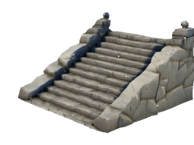 3D model for lowpoly, stone staircase, the steps are wide and slightly worn, carved directly into the mountainside, geometrical shapes, game style, a few steps are partially broken, sharp edges,