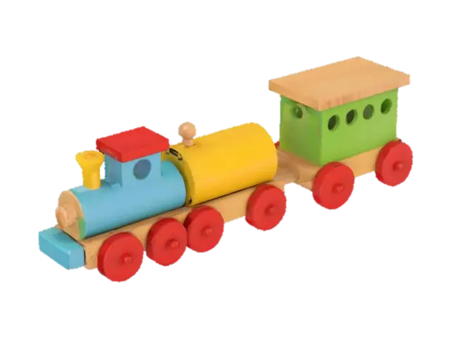 long wooden toy train, colorful, wooden texture, simple geometry - Railroad 3D model, vytvořený pomocí AI
