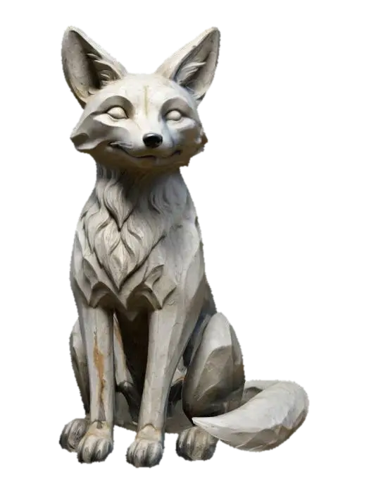 3D model for A stylized stone fox with epic pose statue, with smooth, weathered textures, slightly eroded details, and a natural, aged look as if placed in a mystical forest, #fox#