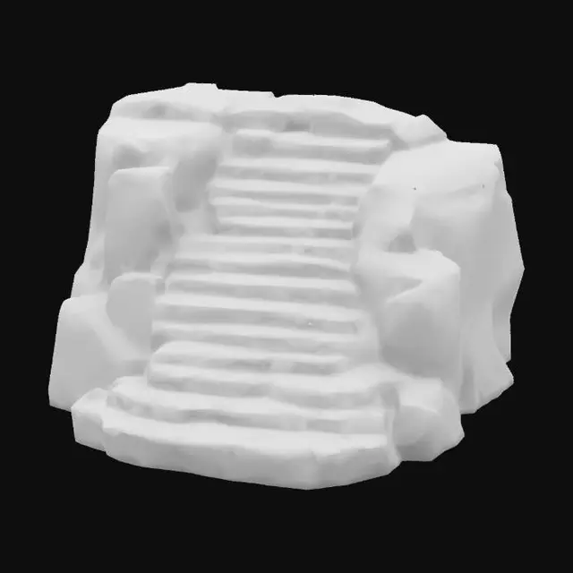 3D model for lowpoly, stone staircase, the steps are wide and slightly worn, carved directly into the mountainside, geometrical shapes, game style, a few steps are partially broken, sharp edges,