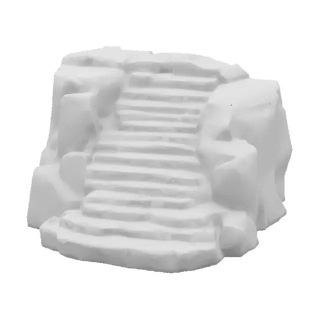 3D model for lowpoly, stone staircase, the steps are wide and slightly worn, carved directly into the mountainside, geometrical shapes, game style, a few steps are partially broken, sharp edges,