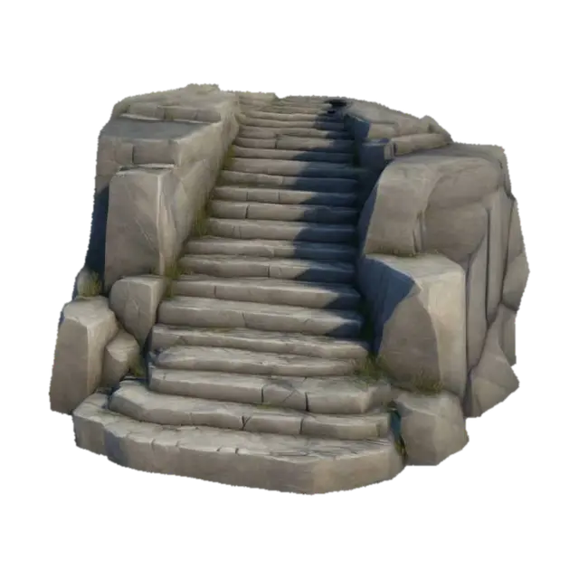 3D model for lowpoly, stone staircase, the steps are wide and slightly worn, carved directly into the mountainside, geometrical shapes, game style, a few steps are partially broken, sharp edges,