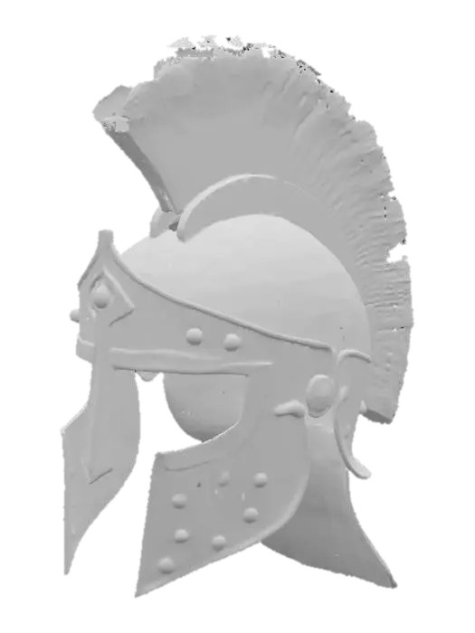 3D model for Римский легионерский шлем из чеканной бронзы, покрытый тусклой, потертой патиной. Его поверхность испещрена небольшими вмятинами и царапинами, свидетельствующими о сражениях, но сохраняет свой металлический блеск. На вершине шлема закреплен высокий красный плюмаж из конского волоса, который кажется мягким и слегка растрепанным, добавляя яркий акцент.
