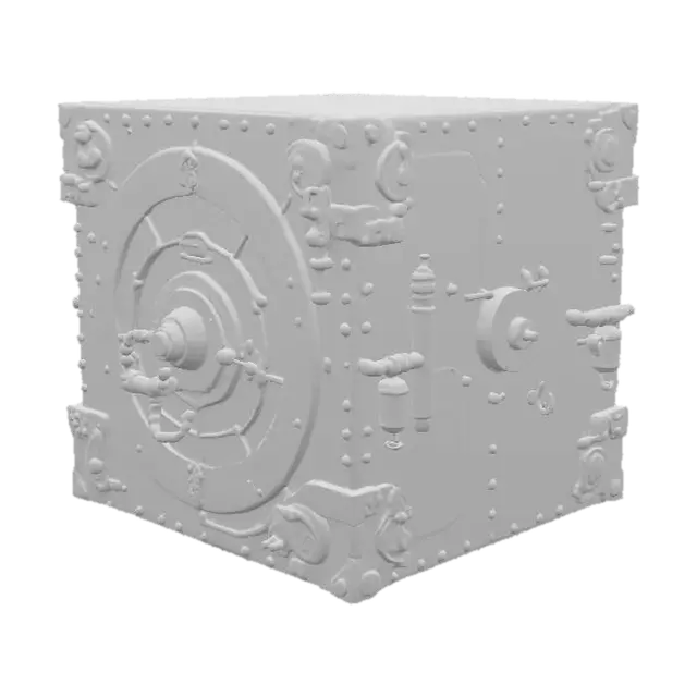 3D model for Массивный сейф в стиле стимпанк, его корпус из толстых, клепаных медных пластин. Медь тусклая, с зеленоватой патиной, ощущается холодной и тяжелой. На дверце множество выступающих шестеренок, рычагов и циферблатов из полированной латуни, которые кажутся гладкими и прохладными. Форма сейфа кубическая, с округлыми углами, он выглядит внушительным и неприступным.