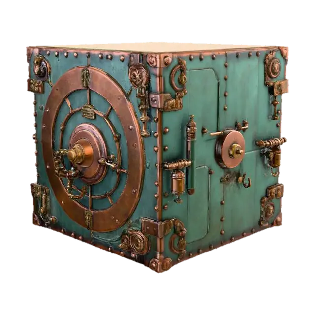 3D model for Массивный сейф в стиле стимпанк, его корпус из толстых, клепаных медных пластин. Медь тусклая, с зеленоватой патиной, ощущается холодной и тяжелой. На дверце множество выступающих шестеренок, рычагов и циферблатов из полированной латуни, которые кажутся гладкими и прохладными. Форма сейфа кубическая, с округлыми углами, он выглядит внушительным и неприступным.