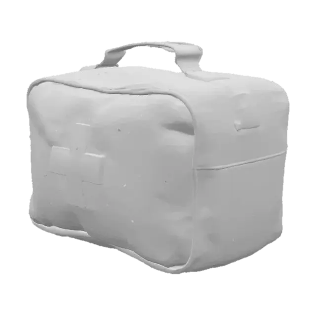 3D model for Небольшая тканевая аптечка, прямоугольная, из прочного зеленого холста, слегка поношенного. На передней стороне нарисован крупный, четкий белый крест. Материал имеет плотное плетение, слегка шершавый на ощупь. Застегивается на прочную металлическую молнию, которая кажется холодной и гладкой.