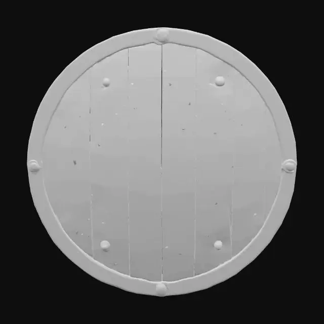 3D model for Круглый деревянный щит, его лицевая сторона покрыта слоем потемневшей стали, украшенной вмятинами и царапинами от ударов. Сталь имеет матовую, слегка шершавую текстуру, а по краям щита проходит толстый металлический обод. С обратной стороны видна грубая древесина и кожаный ремень для руки.