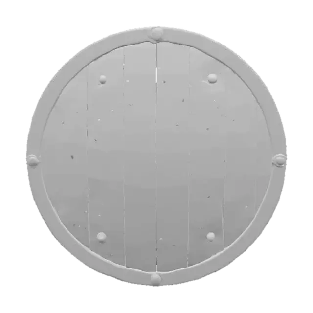 3D model for Круглый деревянный щит, его лицевая сторона покрыта слоем потемневшей стали, украшенной вмятинами и царапинами от ударов. Сталь имеет матовую, слегка шершавую текстуру, а по краям щита проходит толстый металлический обод. С обратной стороны видна грубая древесина и кожаный ремень для руки.