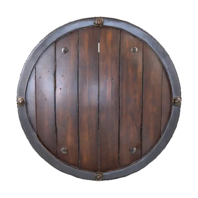 3D model for Круглый деревянный щит, его лицевая сторона покрыта слоем потемневшей стали, украшенной вмятинами и царапинами от ударов. Сталь имеет матовую, слегка шершавую текстуру, а по краям щита проходит толстый металлический обод. С обратной стороны видна грубая древесина и кожаный ремень для руки.