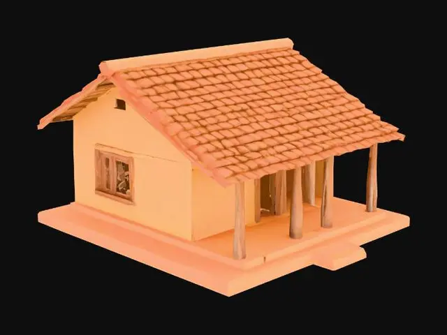 3D model for "Low poly traditional Kerala village house with clay tiled roof, wooden pillars, mud walls, open veranda, optimized for mobile game, game-ready mesh for UE4."