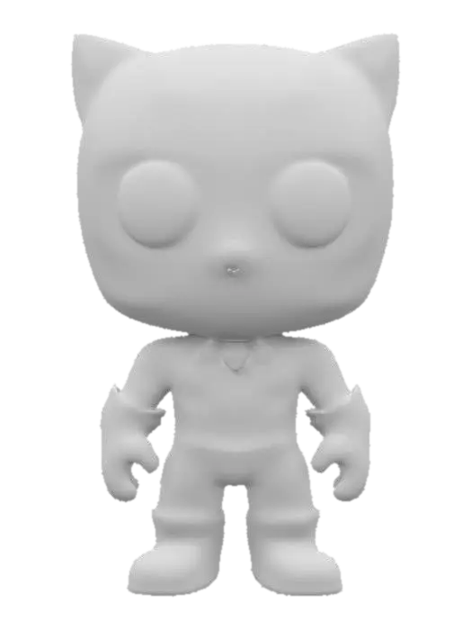 3D model for Create a 3D model of Black Panther in South Park style. He has large circular eyes and a stubby body, wearing his sleek black vibranium suit with silver accents and cat-like ears. Clearly defined features, highly stylized, highly detailed, all walls and features at least 2mm thick, with bold recessed features at least 2mm deep.