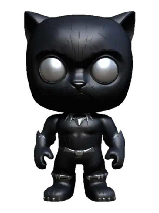 3D model for Create a 3D model of Black Panther in South Park style. He has large circular eyes and a stubby body, wearing his sleek black vibranium suit with silver accents and cat-like ears. Clearly defined features, highly stylized, highly detailed, all walls and features at least 2mm thick, with bold recessed features at least 2mm deep.